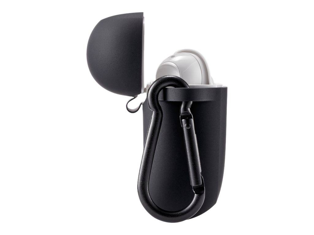 Schwarze Schutzhülle mit Karabiner hält kabellose Ohrhörer, Deckel geöffnet und weiße Ohrhörer im Inneren sichtbar.