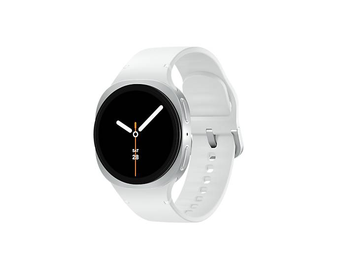Weiße Smartwatch mit rundem schwarzem Analogzifferblatt und weißem Band auf schwarzem Hintergrund.