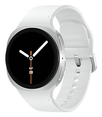 Eine Smartwatch mit weißem Armband zeigt die Uhrzeit mit zeigern im Analog-Stil auf einem schwarzen Bildschirm an. Das Datum „SAT 28