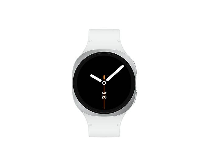 Eine weiße Smartwatch mit rundem schwarzem Zifferblatt und zeigern im Analogstil auf weißem Hintergrund.