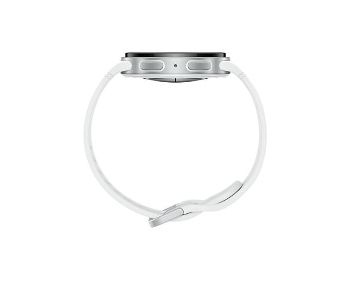 Seitenansicht einer silbernen Smartwatch mit weißem Armband auf einfachem weißem Hintergrund.