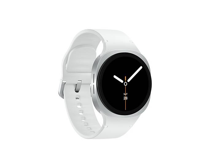 Weiße Smartwatch mit rundem schwarzem Display und weißem Armband, gezeigt vor einem einfachen Hintergrund.