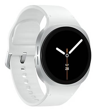 Eine schlanke weiße Smartwatch mit einem analogen Zifferblatt, weißen Zeigern und einem orangefarbenen Sekundenzeiger. Das Datum 