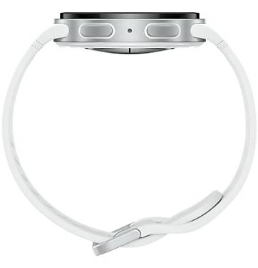 Eine Smartwatch mit weißem Armband und silbernem Gehäuse, von der Seite betrachtet, zeigt zwei sichtbare Tasten und ein schlankes, rundes Design.