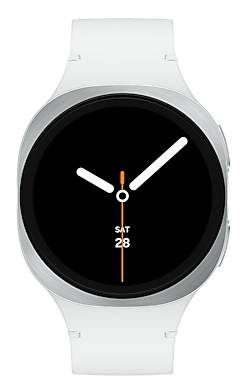 Eine runde Smartwatch mit schwarzem Zifferblatt, zeigt die analoge Zeit mit weißen Zeigern an. Das Datum „SAT 28