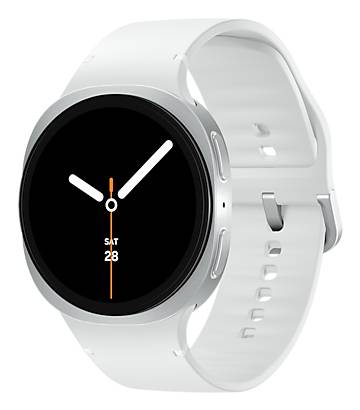 Eine weiße Smartwatch zeigt ein minimalistisches Zifferblatt mit weißen Stunden- und Minutenzeigern und einem kleinen Datumsstuhl, auf dem „SA 28