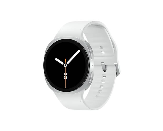 Weiße Smartwatch mit schwarzem rundem Zifferblatt mit Analogzeigern und „SAT 28