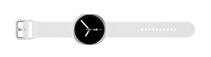 Eine runde weiße Smartwatch mit minimalem schwarzem Zifferblatt, das zwei weiße Zeiger und eine kleine Markierung um 12 Uhr zeigt.