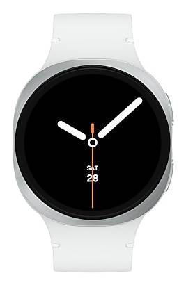 Eine runde Smartwatch mit weißem Armband zeigt ein analoges Zifferblatt an, das die Uhrzeit als 10:10 anzeigt, mit 