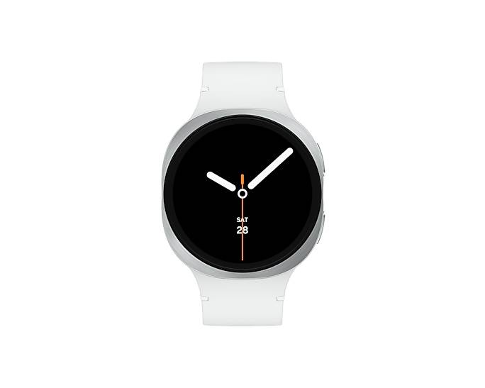 Weiße runde Smartwatch mit schwarzem, analog inspiriertem Zifferblatt, das SAT 28 anzeigt, und einfachen Zeigern.