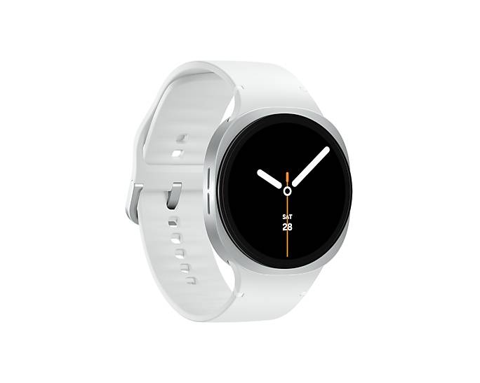 Weiße Smartwatch mit rundem schwarzem Display und weißem Armband, zeigt analoge Zeiger und das Datum „SAT 28