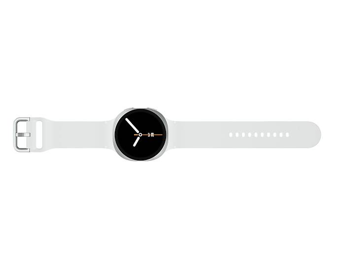 Weiße Smartwatch mit rundem schwarzem Analogzifferblatt und hellgrauem Armband, horizontal auf weißem Hintergrund angezeigt.
