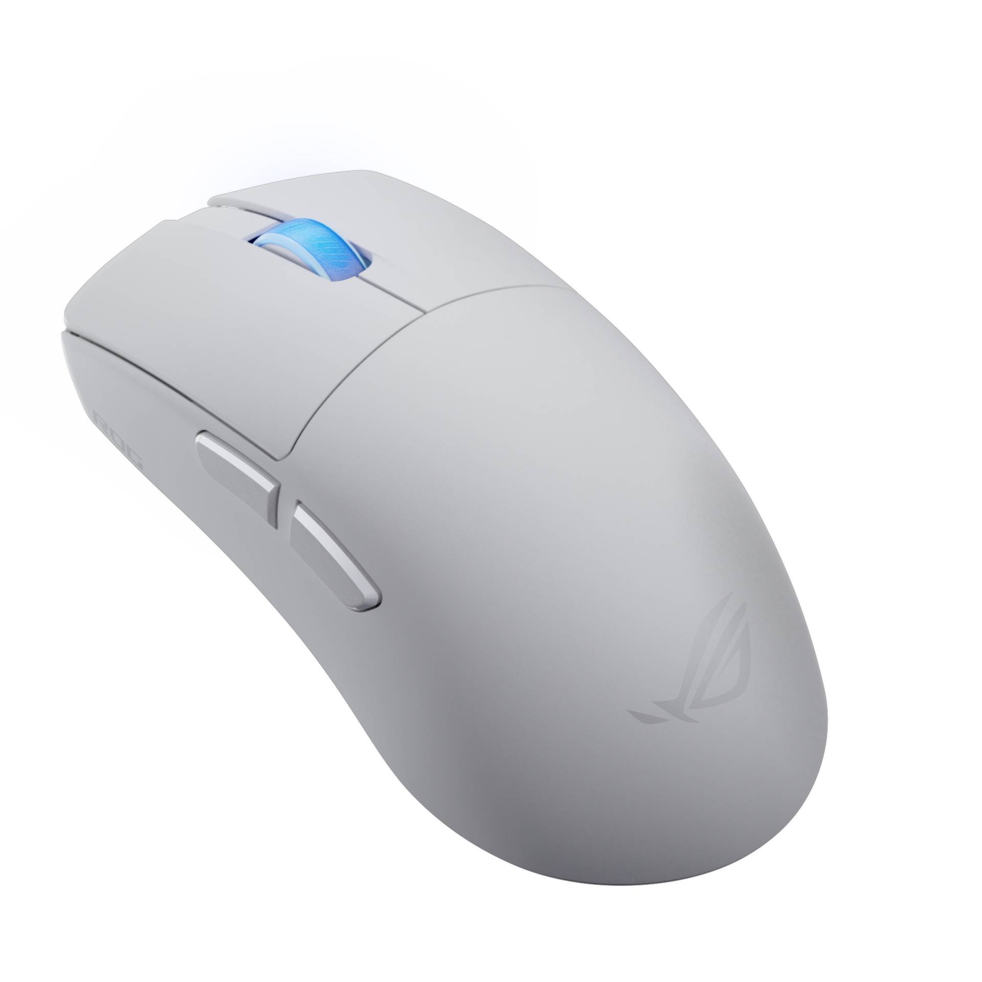 Weiße ergonomische kabellose Gaming-Maus mit blau beleuchttem Scrollrad und Seitentasten auf schwarzem Hintergrund.