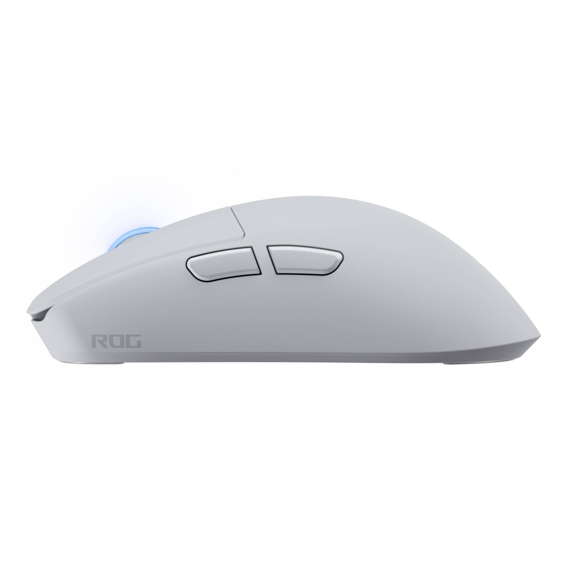 Weiße ROG-Gaming-Maus in Seitenansicht auf schwarzem Hintergrund, mit zwei Seitentasten und einem leuchtenden Scrollrad.
