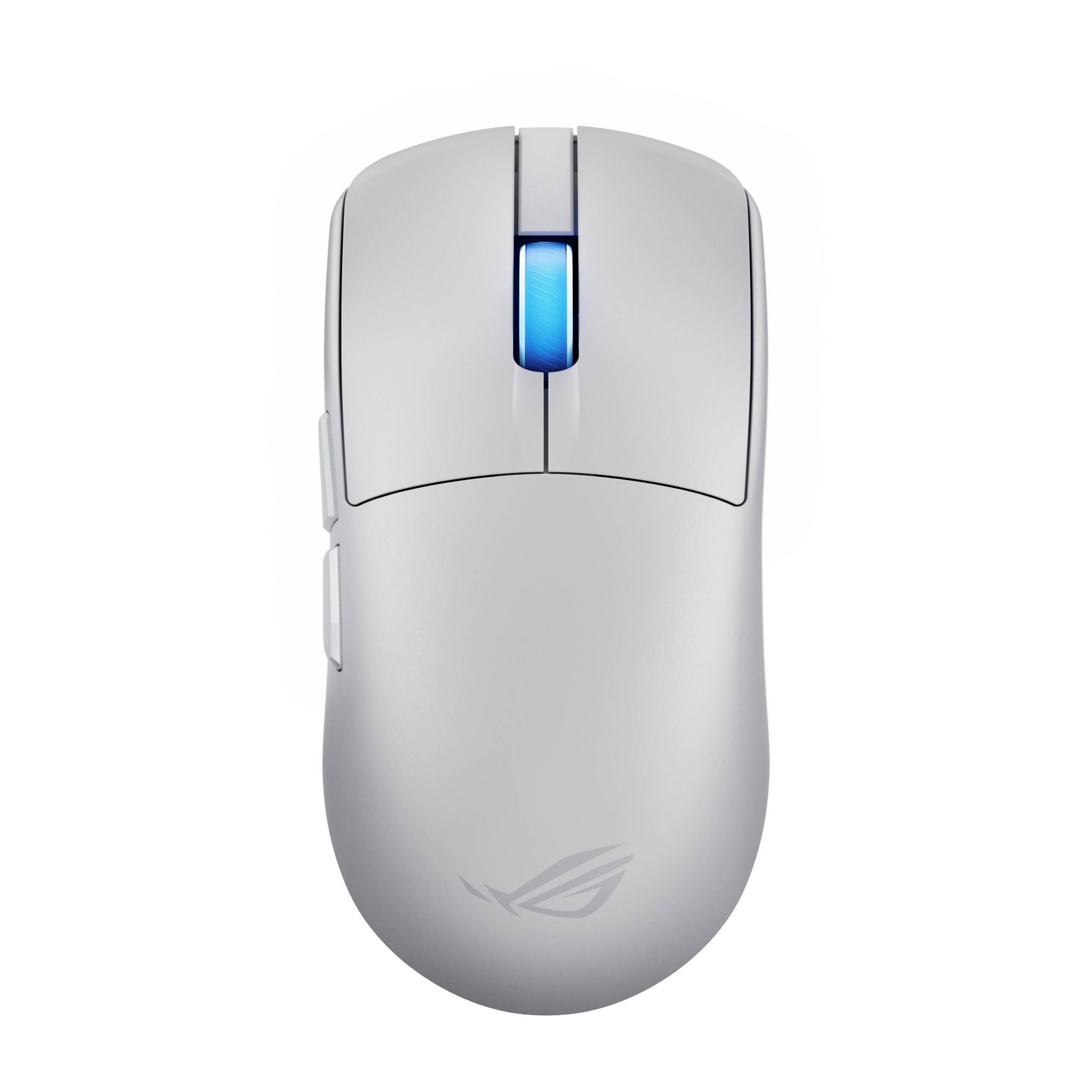 Weiße kabellose Computermaus mit blauem Scrollrad und Seitentasten auf schwarzem Hintergrund.