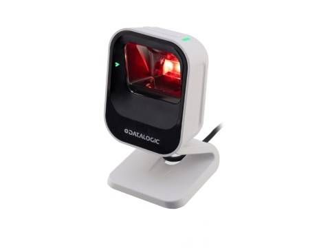 Ein Datalogic-Desktop-Barcodescanner auf einem Ständer, mit einem roten Scanningslicht, das im vorderen Fenster sichtbar ist.