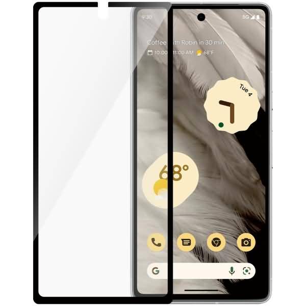 Smartphone mit schwarzem Vollbild-Schutzglas, teilweise installiert gezeigt, wobei die zentrierte Kerbe/Aussparung auf dem Display veranschaulicht wird.