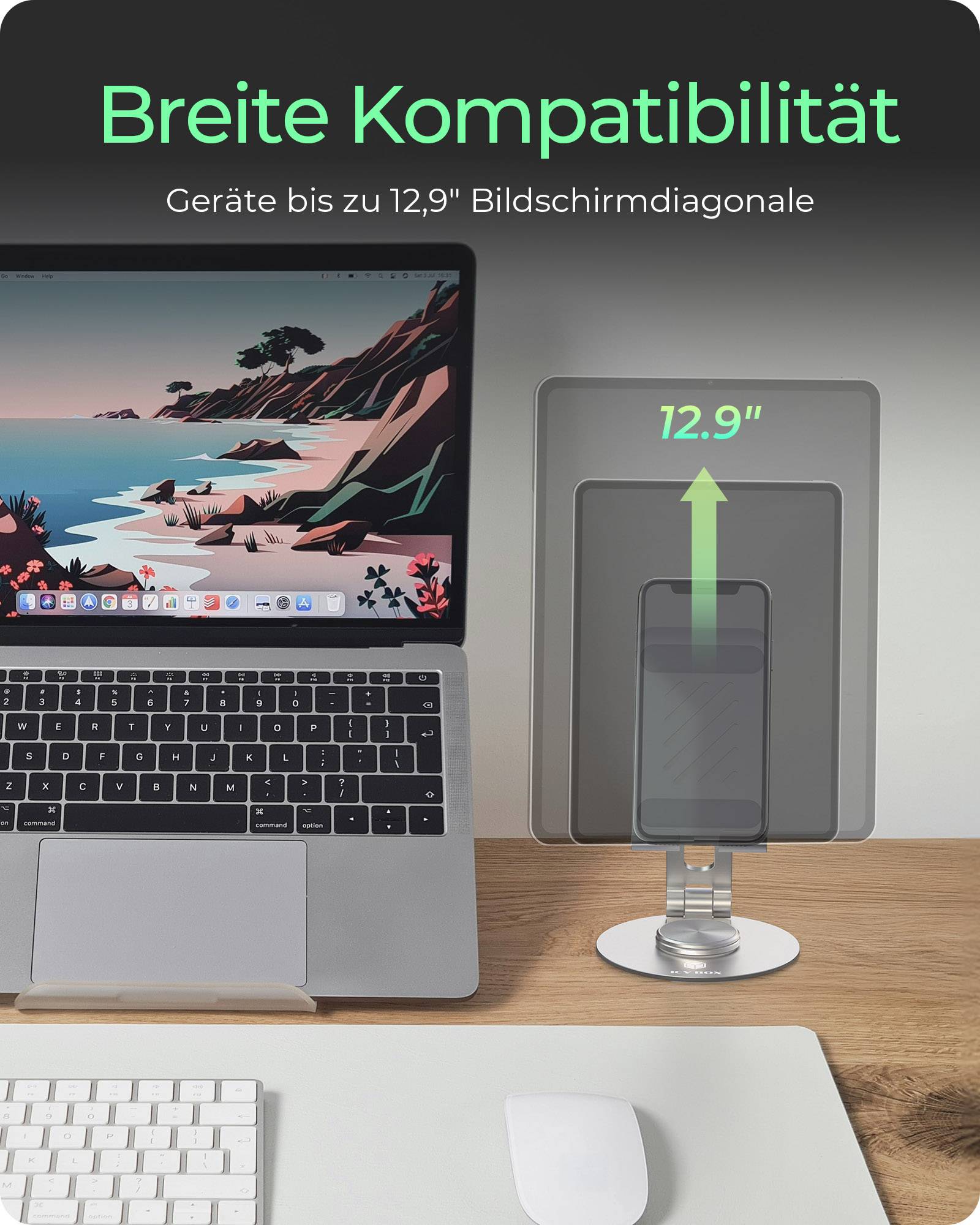 ICY BOX IB-TH201-R, Tablet & Smartphone Halter, rotierend, höhenverstellbar, Aluminium, für Tablets bis 12,9" (32,8 cm), Handy/Smartphone, Tablet/UM