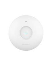 Ein weißer kreisförmiger drahtloser Zugangspunkt mit einem zentralen LED-Indikator, der unten mit „Ubiquiti Networks