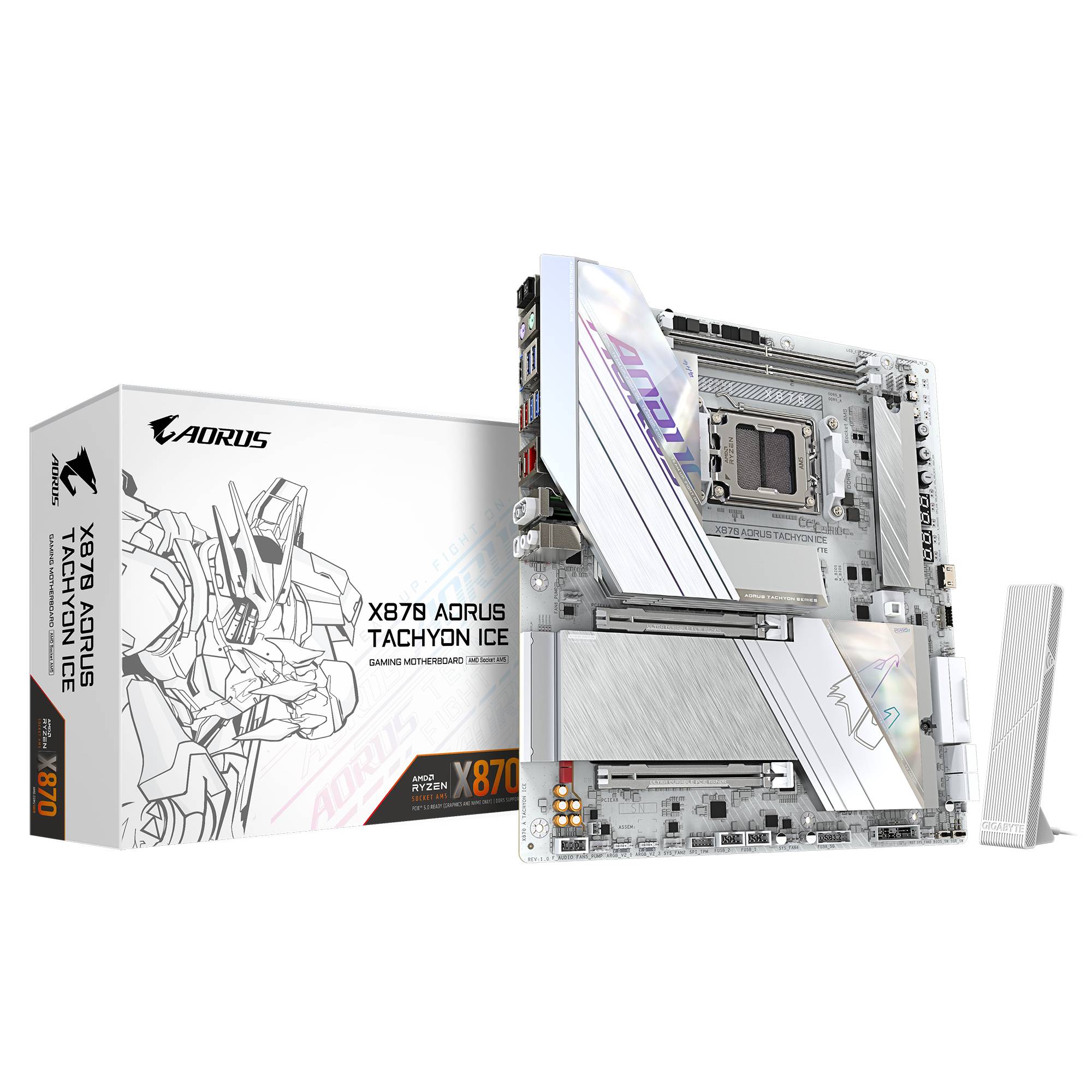 AORUS X870 AORUS TACHYON ICE weiße Hauptplatine mit Originalverpackung, gezeigt mit AMD Ryzen CPU-Sockel und PCIe-Steckplätzen.