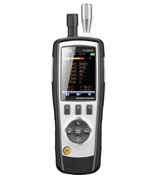 CEM DT-9880M Partikelzähler für die Industrie, mit Lufttemperatur- und Luftfeuchtigkeitsmessung. Datenexport und -analyse
