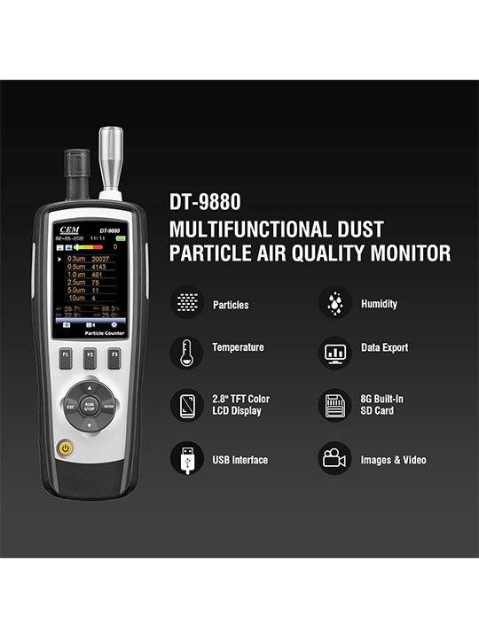 CEM DT-9880M Partikelzähler für die Industrie, mit Lufttemperatur- und Luftfeuchtigkeitsmessung. Datenexport und -analyse