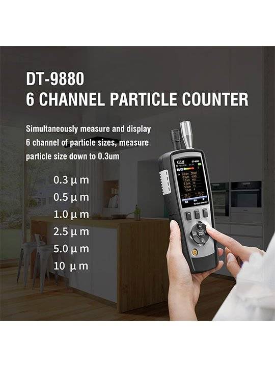 CEM DT-9880M Partikelzähler für die Industrie, mit Lufttemperatur- und Luftfeuchtigkeitsmessung. Datenexport und -analyse