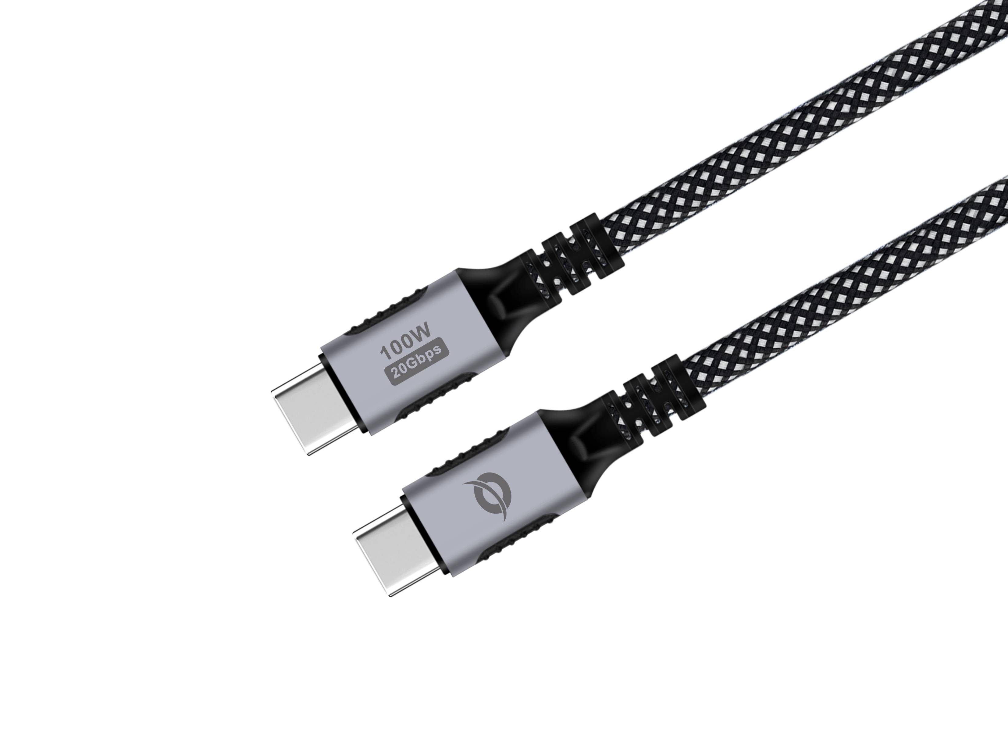 Zwei geflochtene USB-C-Ladekabel mit silbernen Steckern, eines mit der Bezeichnung „100W 20Gbps
