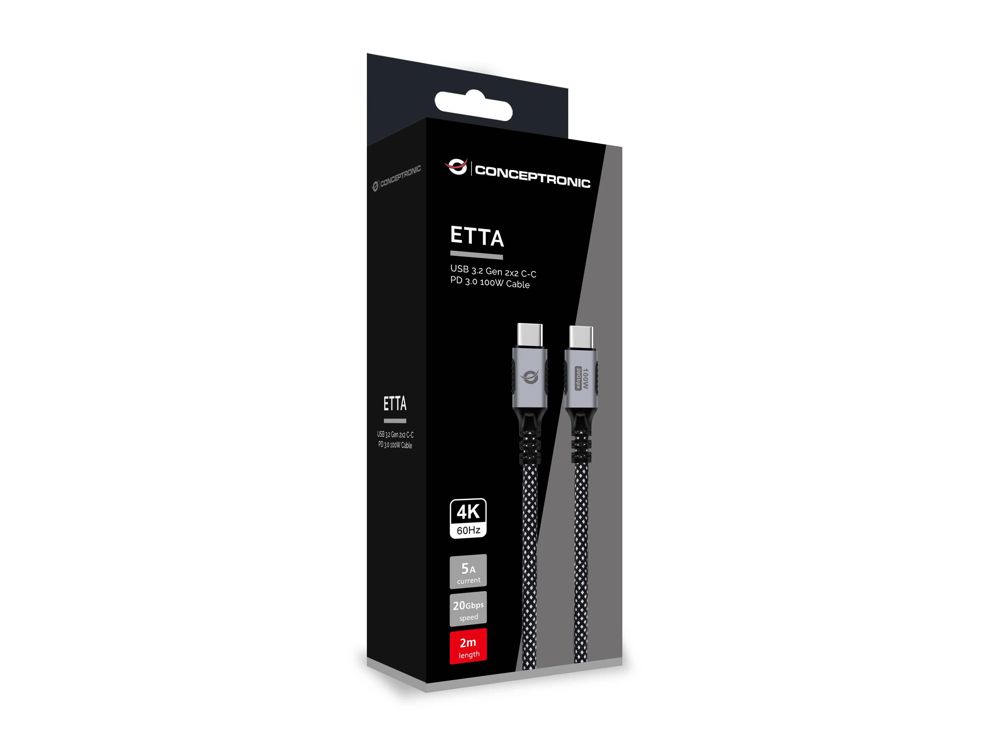 Concepttronic ETTA USB-C-Kabelverpackung mit einem 2m USB 3.2 Gen 2x2 Kabel mit 4K-60Hz-Unterstützung.