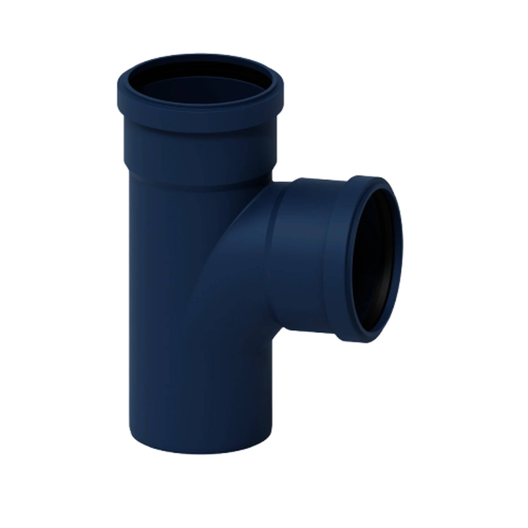 Dunkelblaues PVC-T-Rohr-Sanitärfitting mit einer vertikalen Öffnung und einem seitlichen Anschluss auf weißem Hintergrund