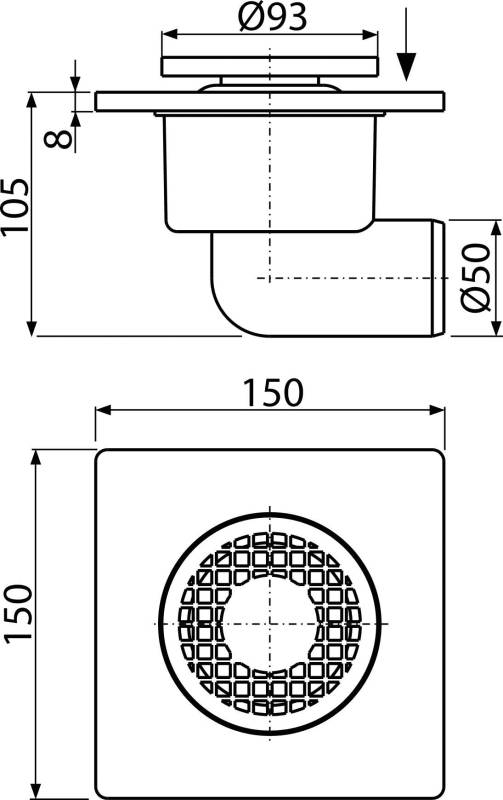 AlcaDrain Bodenablauf 150×150/50 mm mit einem waagrechten Abgang, Rost Grau, Geruchsverschluss mit Sperrwasser