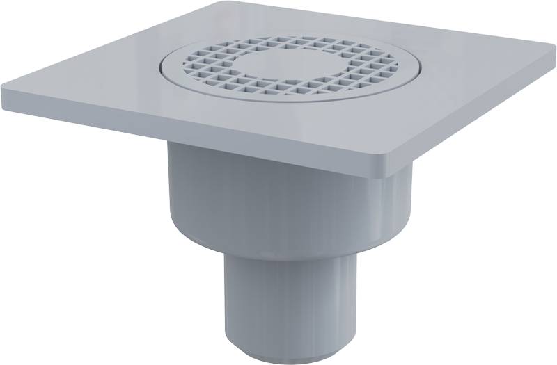 AlcaDrain Bodenablauf 150×150/50 mm mit einem senkrechten Abgang, Rost Grau, Geruchsverschluss mit Sperrwasser