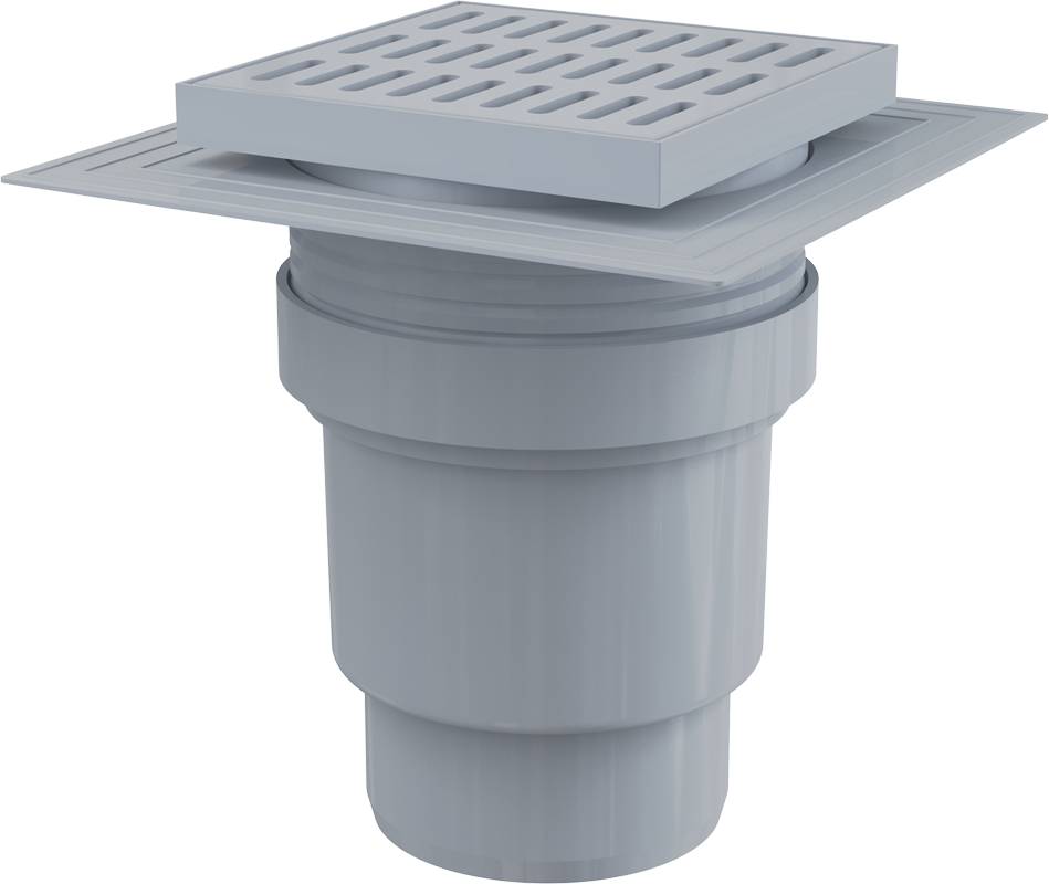 AlcaDrain Bodenablauf 150×150/110 mm mit einem senkrechten Abgang, Rost Grau, Manschette-2. Abdichtung, Geruchsverschluss mit Sperrwasser