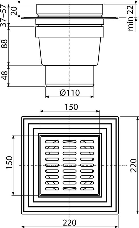 AlcaDrain Bodenablauf 150×150/110 mm mit einem senkrechten Abgang, Rost Grau, Manschette-2. Abdichtung, Geruchsverschluss mit Sperrwasser