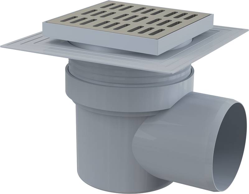 AlcaDrain Bodenablauf 150×150/110 mm mit einem waagrechten Abgang, Edelstahl Rost, Manschette-2. Abdichtung, Geruchsverschluss mit Sperrwasser