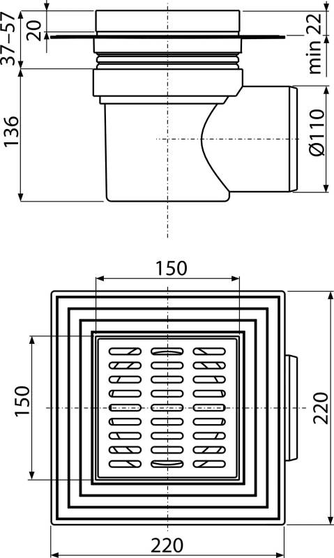 AlcaDrain Bodenablauf 150×150/110 mm mit einem waagrechten Abgang, Edelstahl Rost, Manschette-2. Abdichtung, Geruchsverschluss mit Sperrwasser