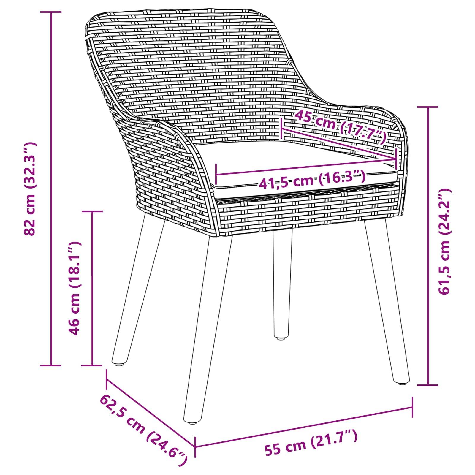 Geflochtener Stuhl mit Maßen: Höhe 82 cm, Sitzhöhe 46 cm, Breite 55 cm, Tiefe 62,5 cm, Armlehnen-Höhe 61,5 cm. Sitzbreite 45 cm, Sitztiefe 41,5 cm.