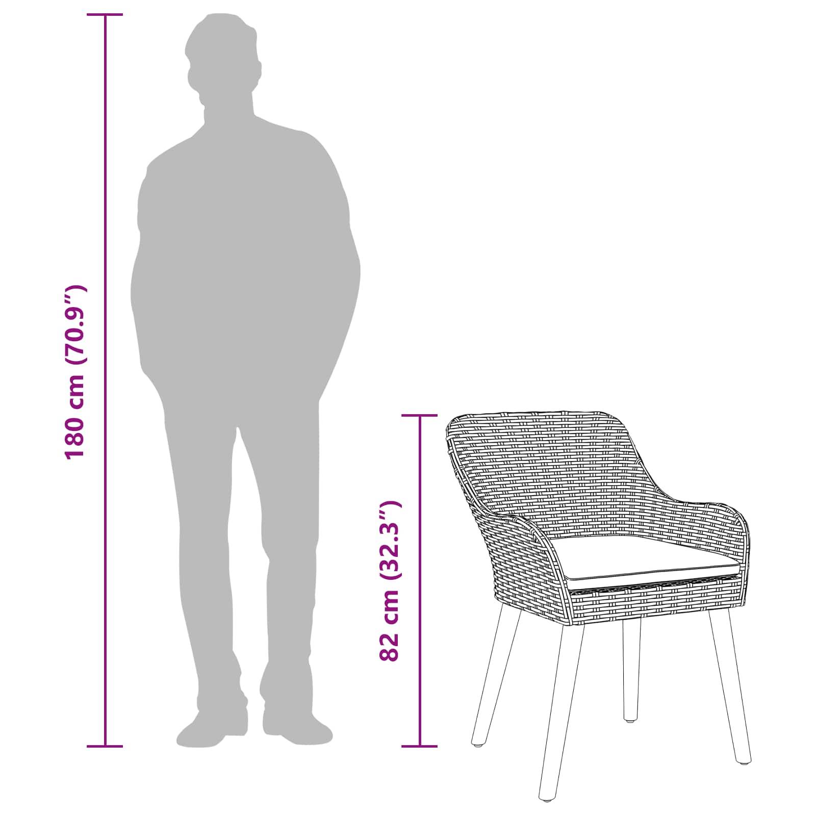 Eine Silhouette einer Person, die neben einem Stuhl zur Größenvergleich steht. Die Person ist 180 cm (70,9