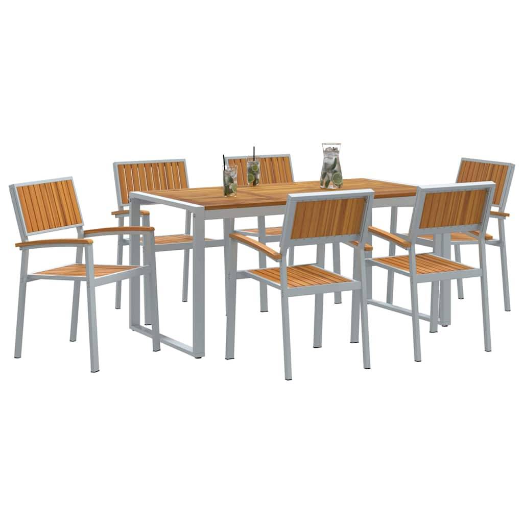 Outdoor-Essgruppe mit einem rechteckigen Holztisch und sechs passenden Stühlen, jeder mit Metallrahmen und Holzlamellen, auf einer Terrasse platziert.