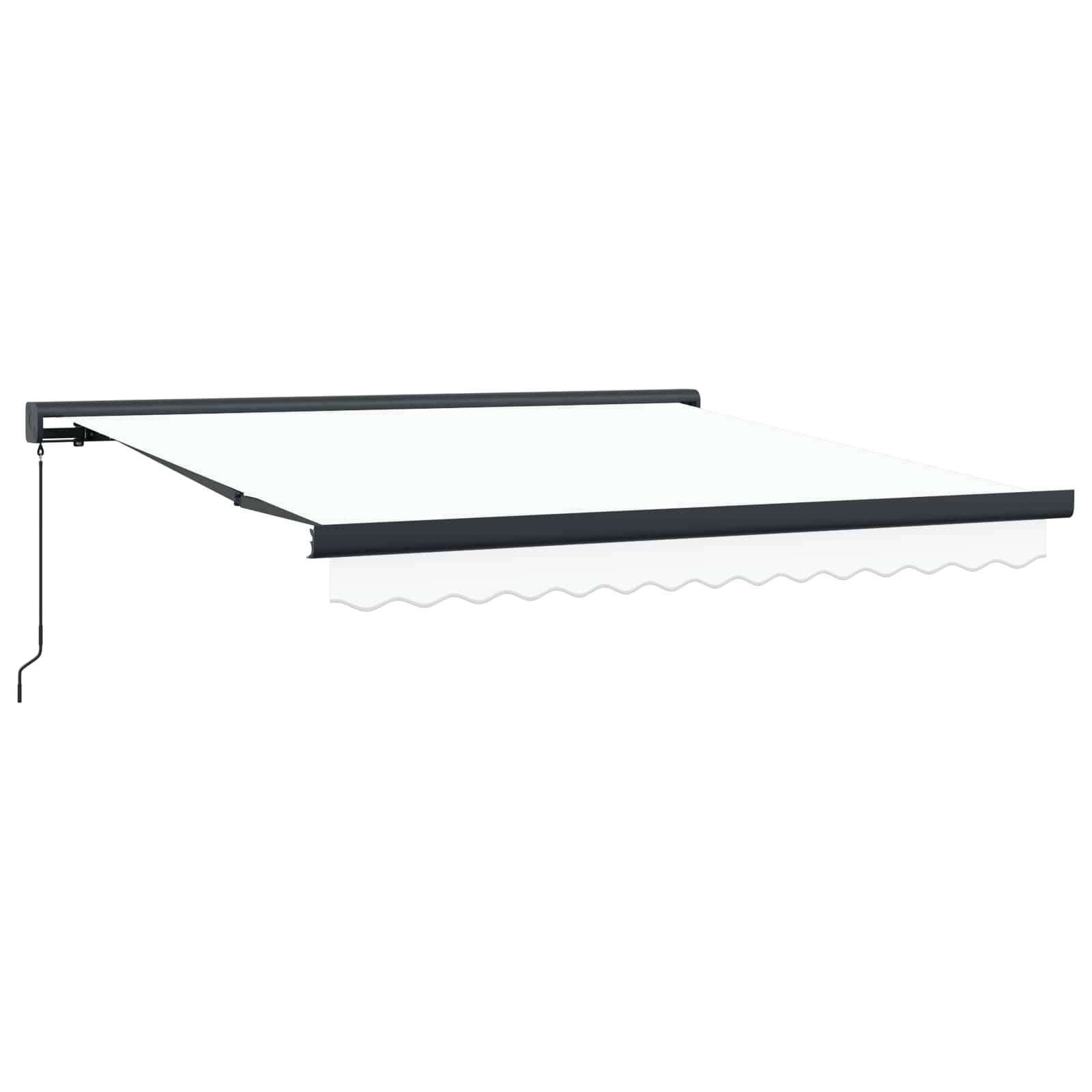 Weißes einziehbares Markisensegel mit schwarzem Rahmen, das von der Wand ausgefahren wird und eine wellenförmige Kante aufweist. Geeignet zur Bereitstellung von Sonnenschutz im Freien.