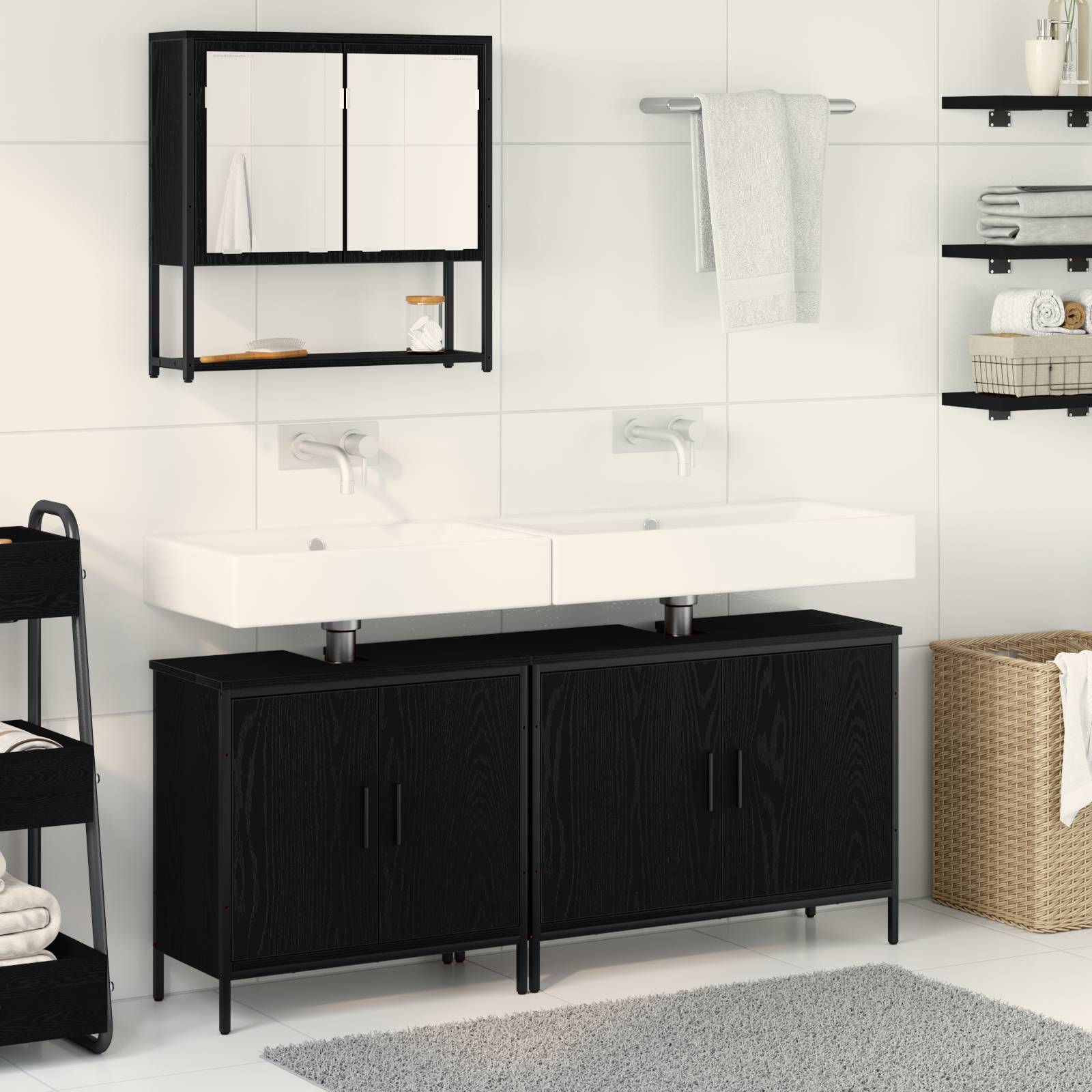 vidaXL Badezimmermöbel-Set mit Regal 3 pcs Schwarz Holzwerkstoff