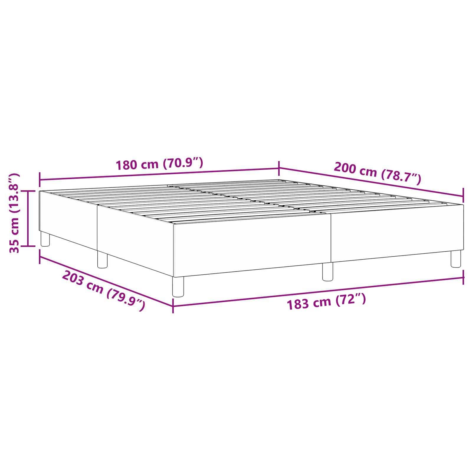 Bettrahmenabmessungen: Länge 203 cm (79,9"), Breite 183 cm (72""), Höhe 35 cm (13,8""), passende Matratzengröße 200 cm x 180 cm.