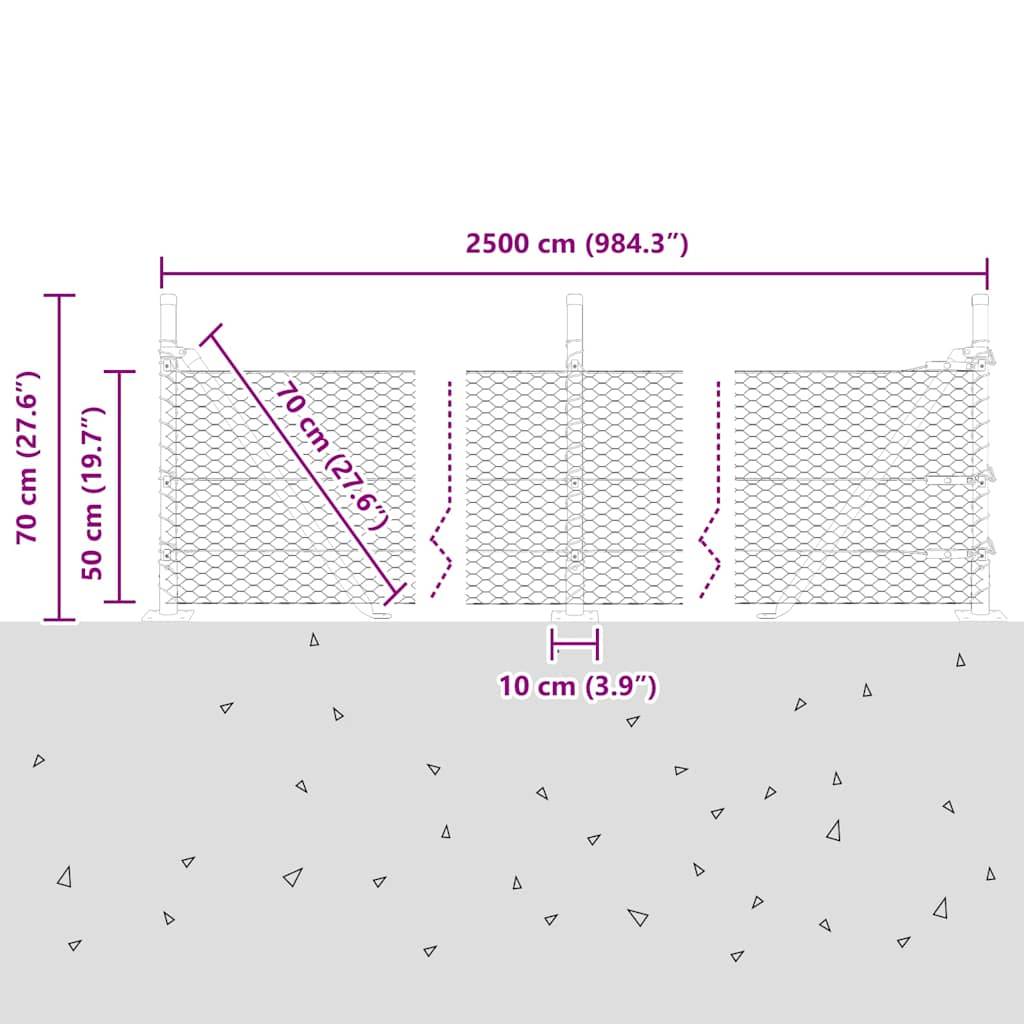 Gabionenwand-Diagramm: 2500 cm Länge, 50 cm Höhe über dem Boden, 70 cm Tiefe. Enthält Maße in cm und Zoll, auf Kiesbasis.