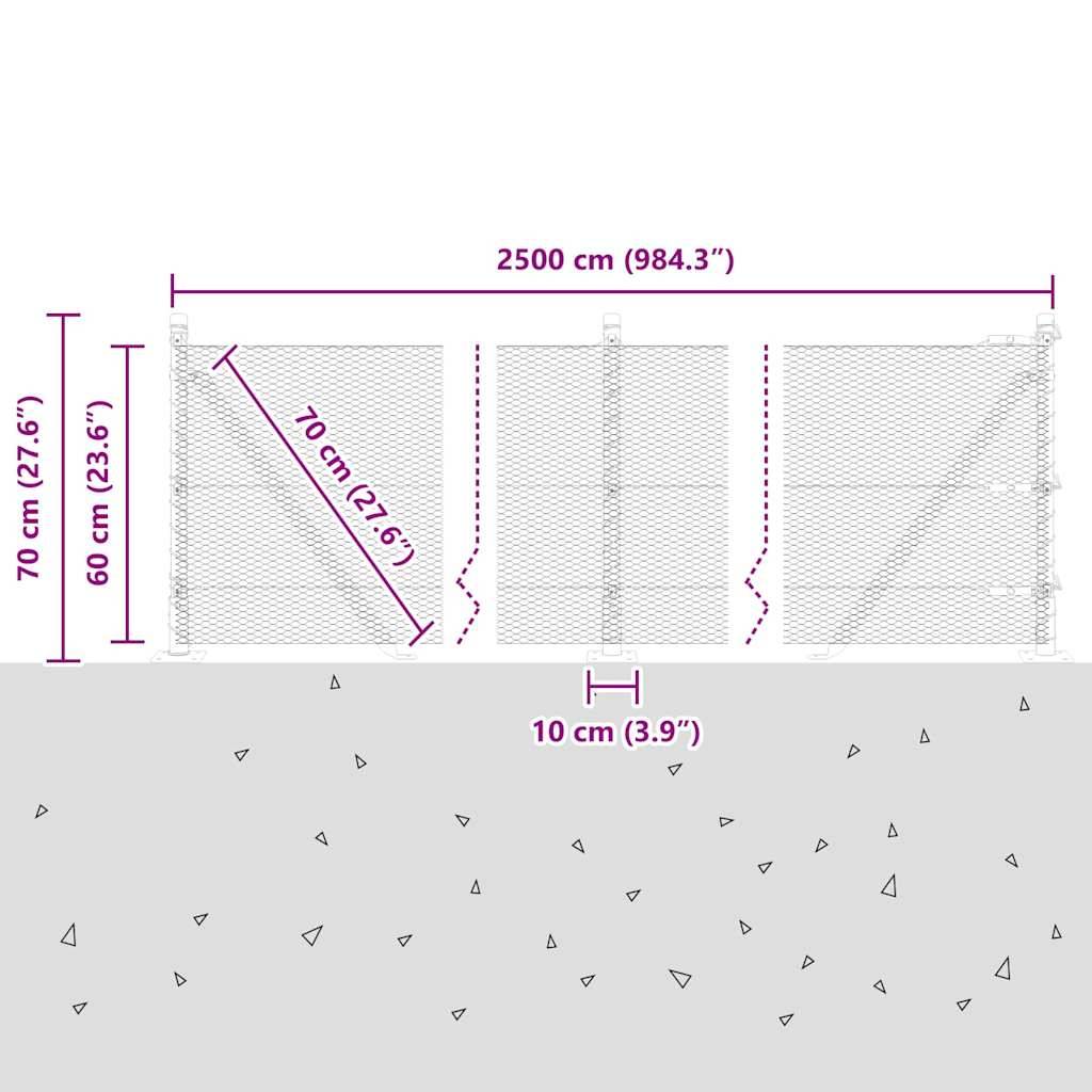 Eine Skizze zeigt einen Zaun mit folgenden Abmessungen: Breite 2500 cm (984,3