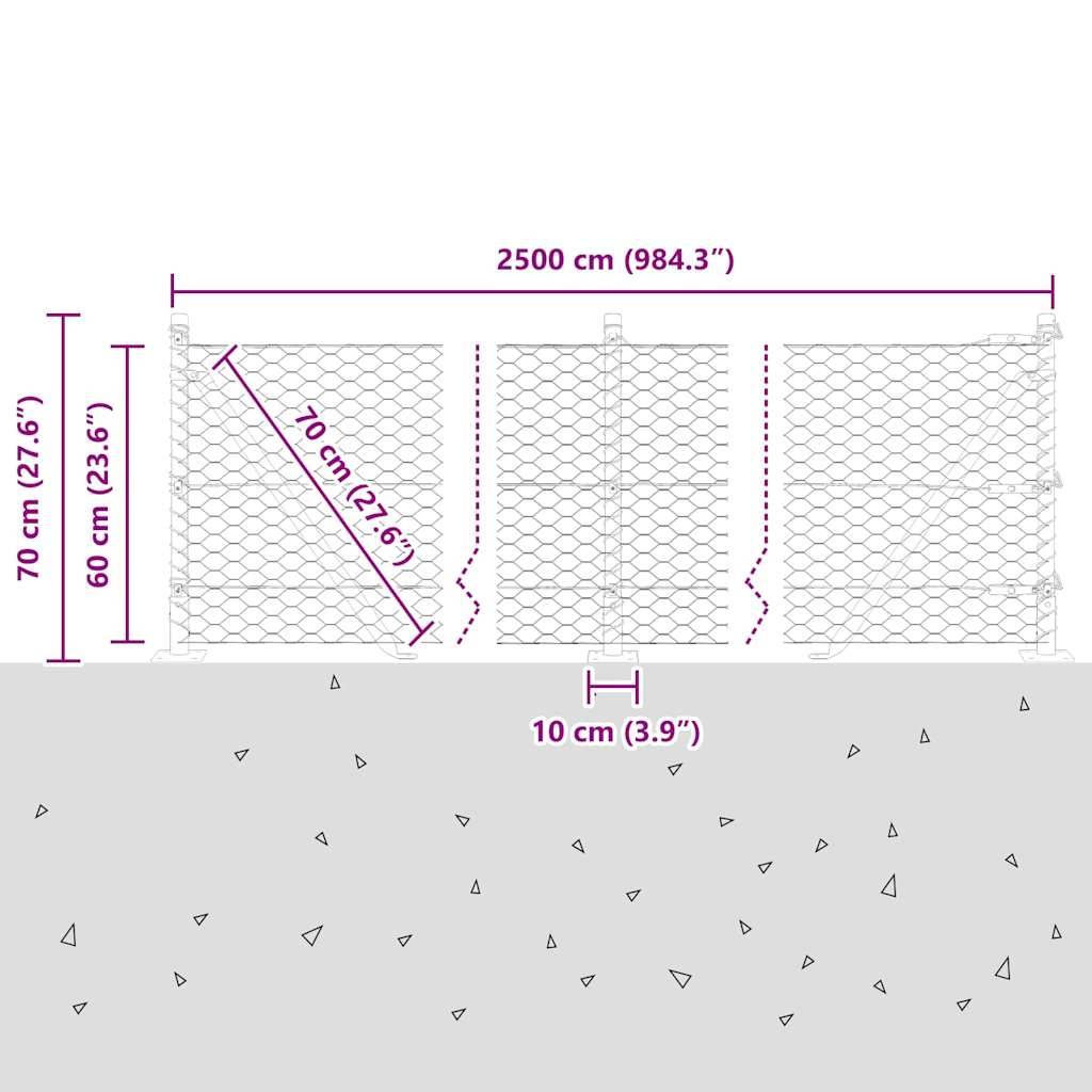 Querschnittsdiagramm eines Maschendrahtzauns. Vier Paneele, jeweils 70 cm hoch und 60 cm breit, erstrecken sich über 250 cm. Der Zaun sitzt 10 cm über dem Boden.