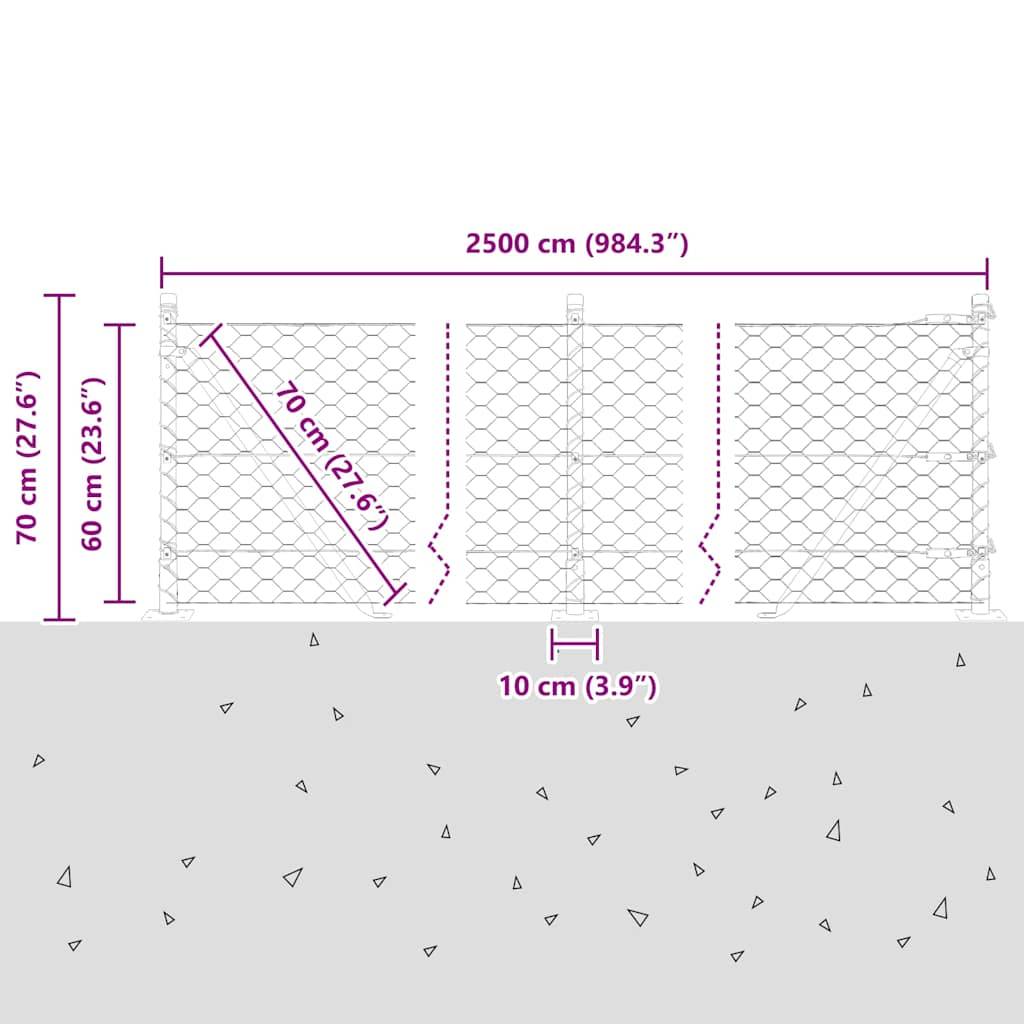 Diagramm zeigt einen Maschendrahtzaun mit einer Höhe von 60 cm (23,6