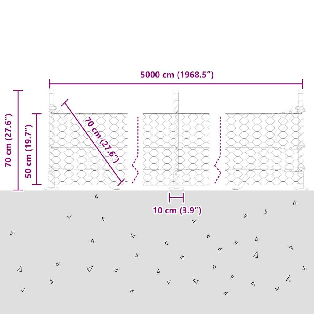 Diagramm eines Maschendrahtzauns auf felsigem Gelände, das drei Abschnitte zeigt, die jeweils 70 cm (2'6
