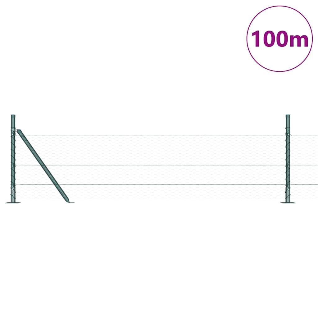 Eine einfache Darstellung eines Maschendrahtzauns mit drei Drahtlinien und Metallpfosten. '100m' ist in Violett in der oberen rechten Ecke geschrieben.