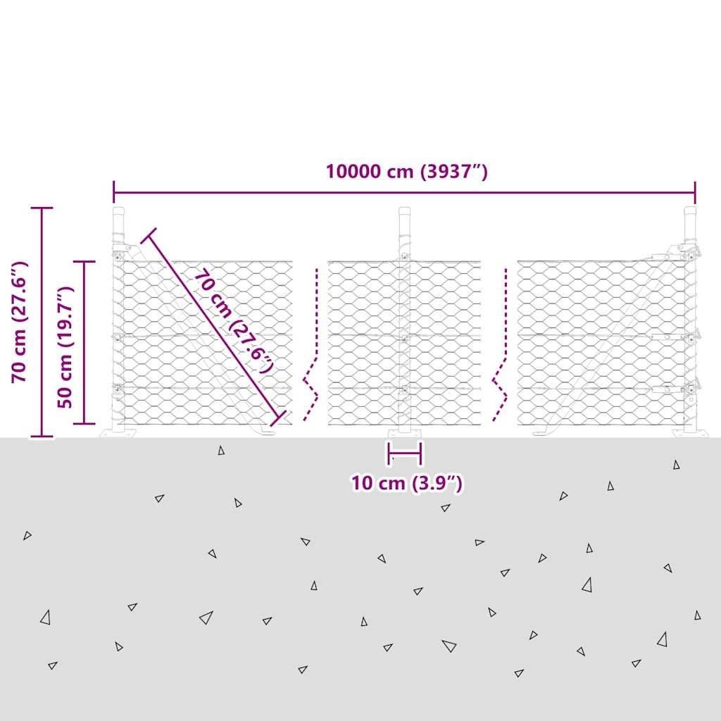 Gabion-Korb Diagramm: drei Drahtgeflechtabschnitte, jeweils 70 cm breit, 50 cm hoch, über dem Boden platziert, Gesamtlänge 10000 cm.