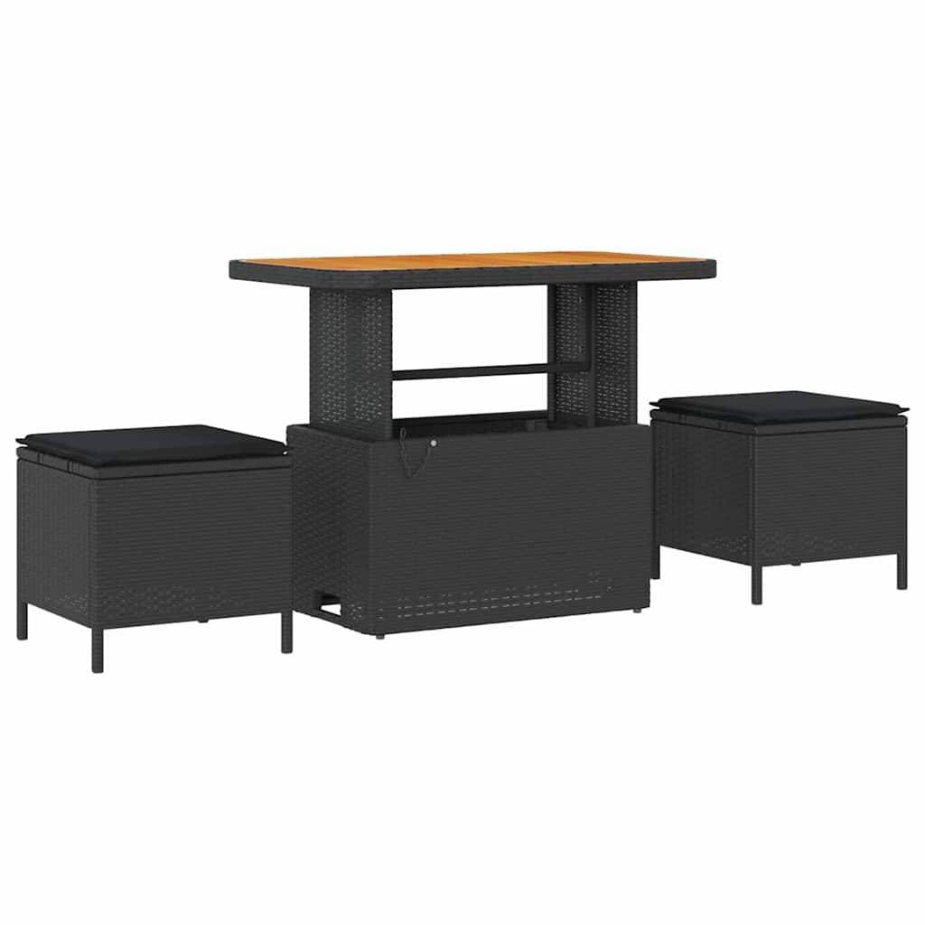 Outdoor-Gartenmöbel-Set mit einem Bartisch, der eine Holzplatte besitzt und drei Barhocker aus Geflecht mit Sitzkissen. Das Set ist in schwarz gehalten und kompakt gestaltet.